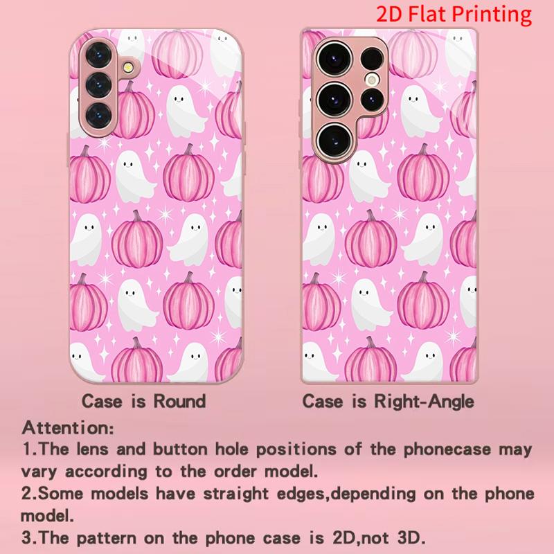 2DFlat Samsung electroplated tempered glass phone case,Cute Pink Pumpkin Ghost PatternSuitable for Galaxy S26 S23 S24FE S25ULTRA S22 S21
