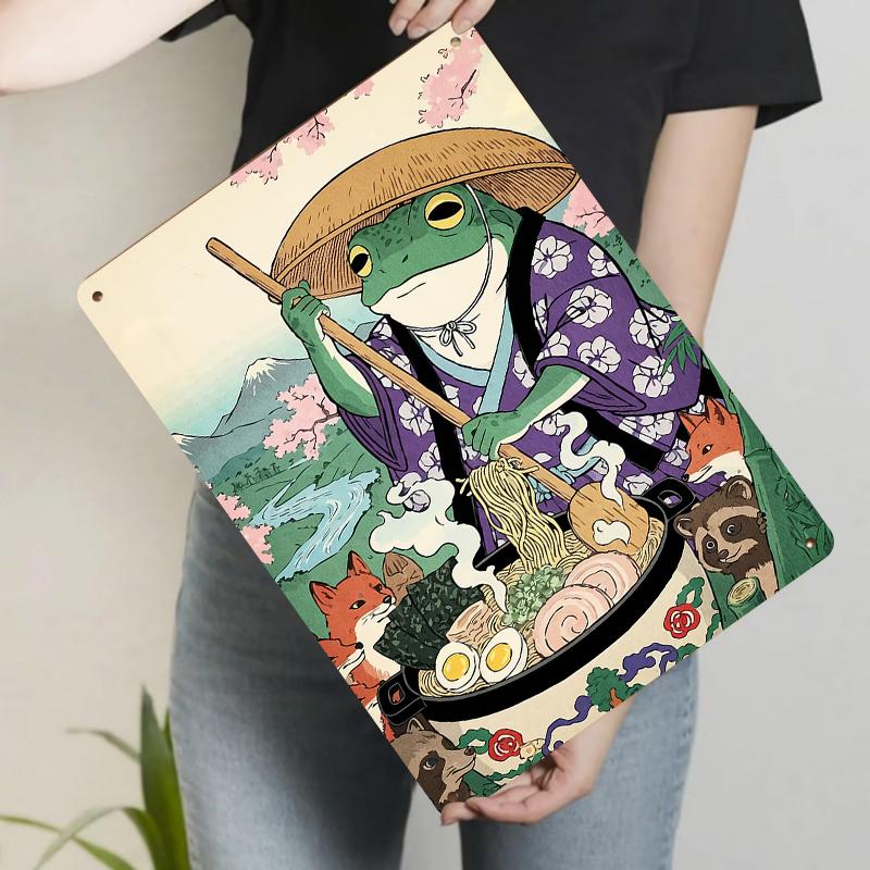 Japanese Style Frog Chef Metal Wall Art Decor Vintage Iron Painting with Cherry Blossom Landscape 20x30cm（7.8x11.8inch）