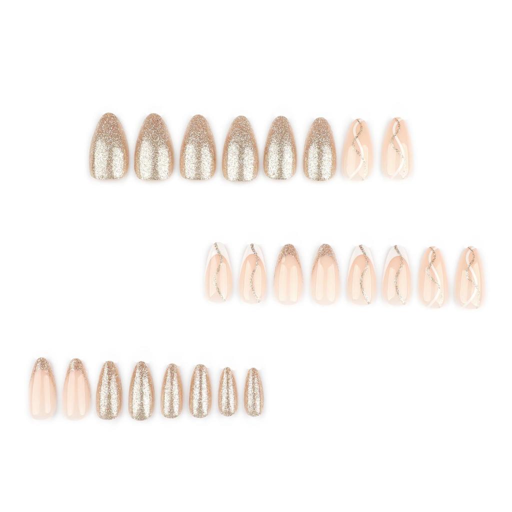 Gold Glitter Wave Line Press-On Nails, Medium-Short Almond Shape