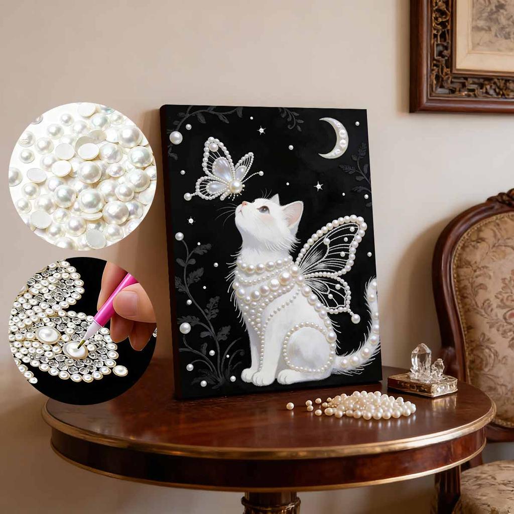 DIY White Cat Pearl Art Painting for Adults/Beginners Gift Home Decor Pearl Gem Paintings Picture Arts Craft 30x40cm Without Frame