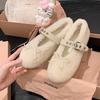 Sheepskin Version~ Grape Mother Has the Same Sweet Bow One-word Buckle with Shallow Mouth Mary Jane Lamb Wool Single Shoes for Women's Winter