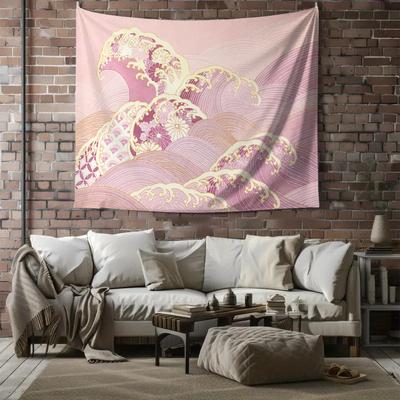 Pink Wave Floral Japanese Art Wall Tapestry Machine Washable All Season Print Oriental Zen Design Home Enhance Spatialaesthetics