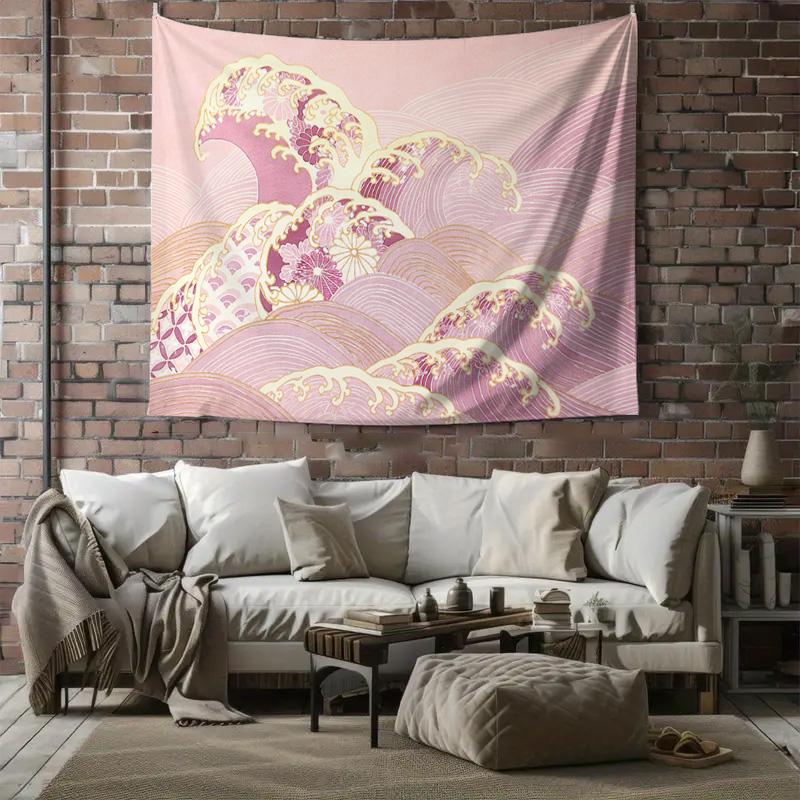 

Розовая волна Цветочный японский арт Настенный гобелен Машинная стирка Всесезонная печать Восточный дзен-дизайн Улучшение пространственной эстетики дома 74x94cm(29x37in)
