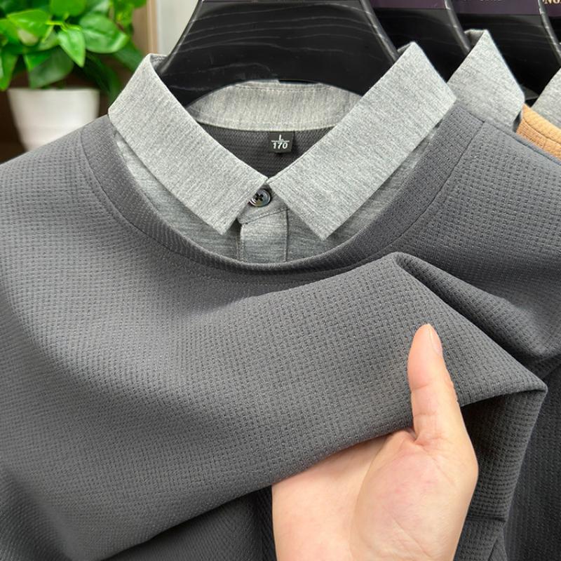 

Новый весенне-осенний стиль, мужской свитшот из двух частей с воротником-рубашкой, с длинным рукавом, свободный, модный, универсальный базовый слой L серый