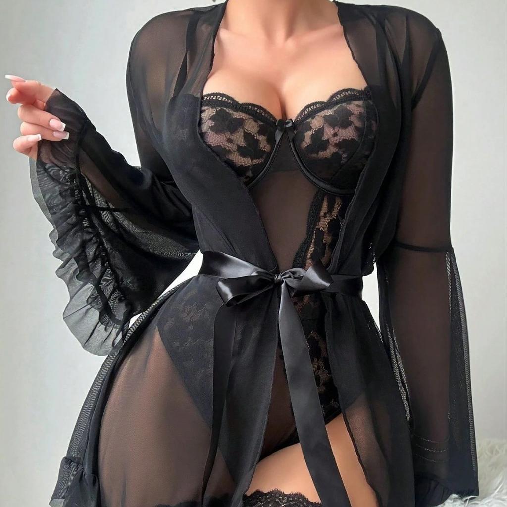 Sexy sexy Nachthemd Pyjama Damen Nachthemd Spitze Netz Schal Zweiteiler Set