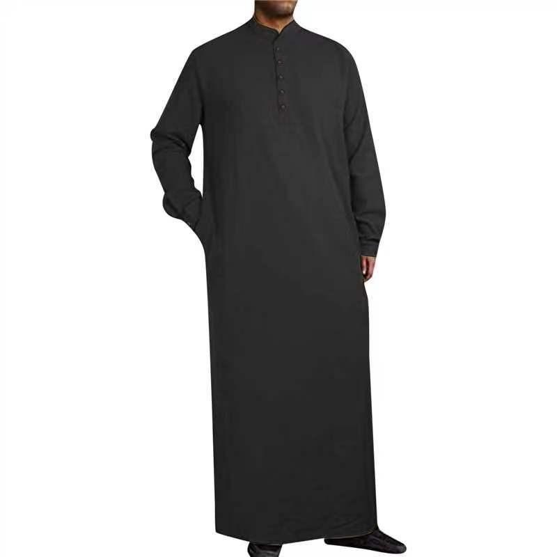 Men's Thobe Solid Color Long Sleeve Robe Men Stand Collar Button Down Islamic Kaftan Casual Middle East Arabic Traditional Long Muslim Dress