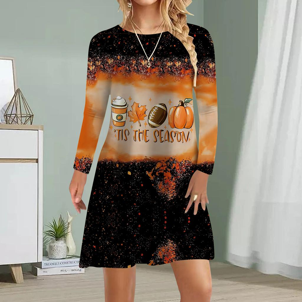 Damen Freizeitkleid Herbst Halloween Print Kleider für Damen O-Ausschnitt Kurzarmkleid Übergröße