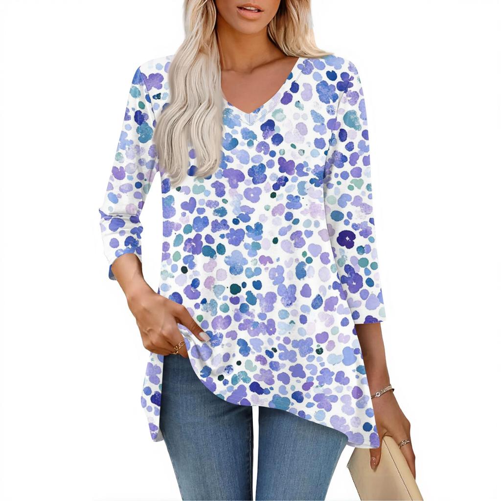 Damen Oberteile V-Ausschnitt 3/4 Ärmel Blusen Lässige Mittellange Hemden Mode Druck Tunika Oberteile