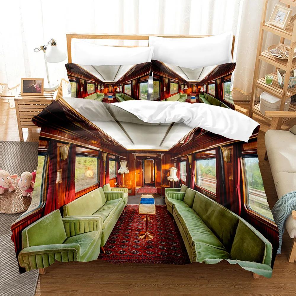 Steam Engine Duvet Cover Transportation Old Train for Children Teen Boys Adult Gift for Bedroom Decoration Nostalgia Theme Queen