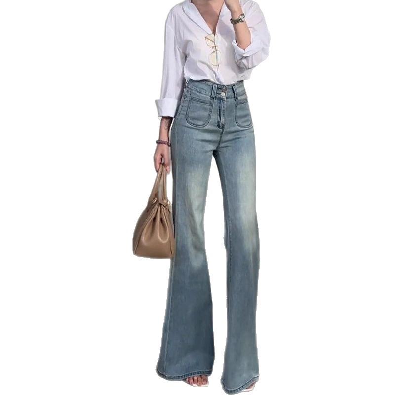 High-Waist Light Blue Washed Denim Flare Jeans for Women - Autumn 2025 Slimming Straight Leg Style