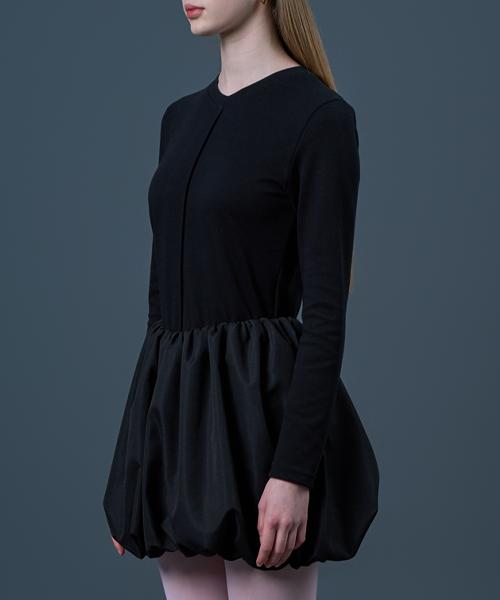 Sitipabjeu [Cp] Balloon Setup Plain Long Sleeve Mini Dress [Black]