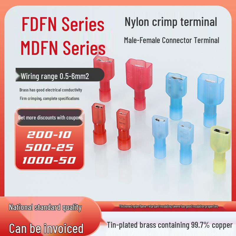KT Nylon Male Fully Insulated Blade Terminal MDFN/A1.25/2/5.5-250 Cold Crimp Connector
