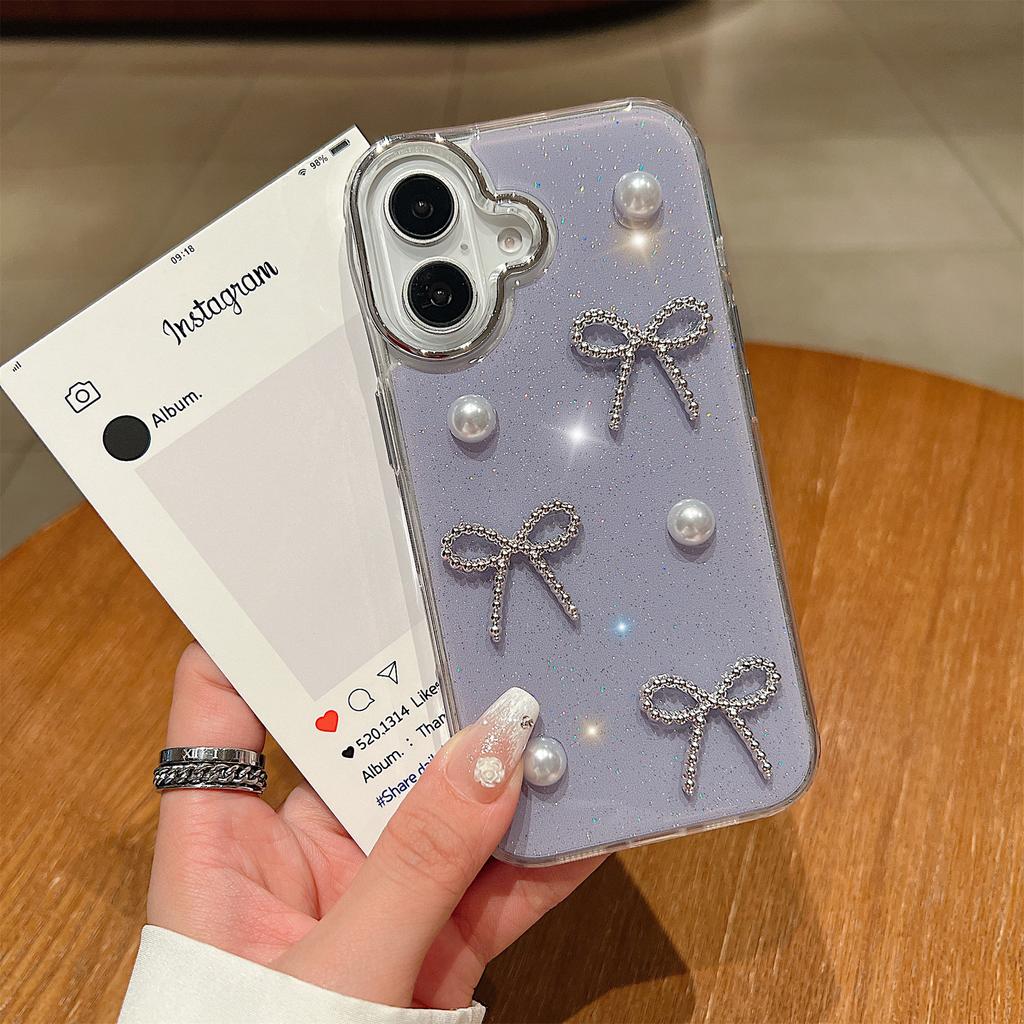 For iPhone 16 Plus Case Pearl Bow Epoxy Design TPU+PC Phone Back Cover