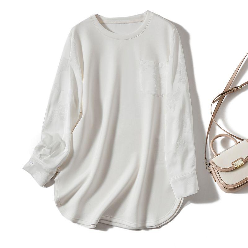 

Export Foreign Trade Order! Oval Hem Top ~ Lazy Fan Women Tencel Cotton Large Version T-shirt Jacquard Long sleeve White L