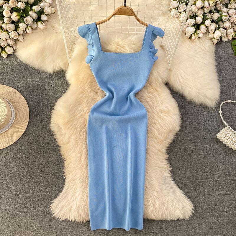 

Summer Flying Sleeves Fancy Temperament Waist-Controlled Suspender Skirt Blue All yards