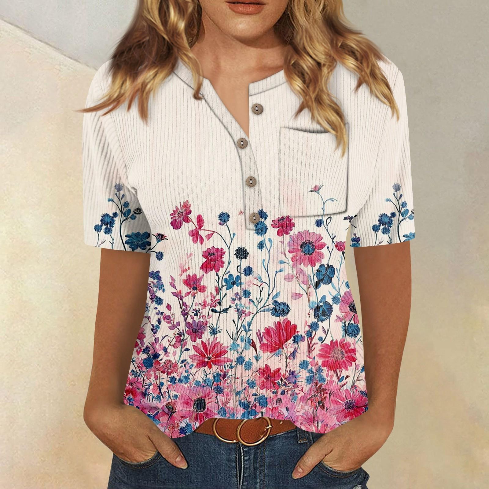 

Футболки для женщин, плиссированные, с V-образным вырезом, нарядные, повседневные блузки с принтом, короткие рукава, летние топы, свободный крой L розовый