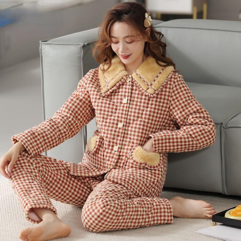 Bunda Pyžamo Dámské Zimní Třívrstvé Teplé Plyšové Zahuštěné Domácí Oblečení Neformální Středního Věku Mladé Pyžamo Set