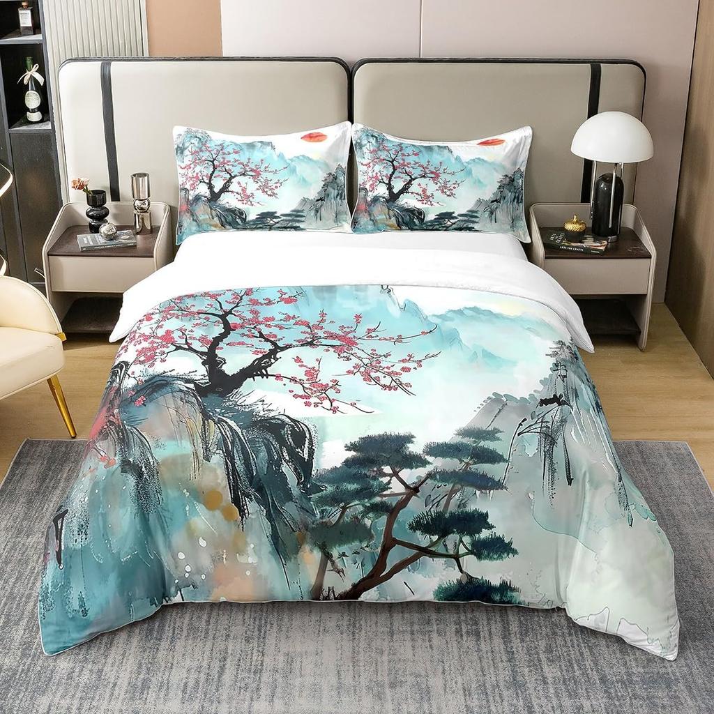 Plum Blosom Floral Soft Duvet Cover Quen King-Sized Dimensionsd Dimensions Ancient Style Red Maple Leaf Natural Scenery Beding Set Rom Decoration 3