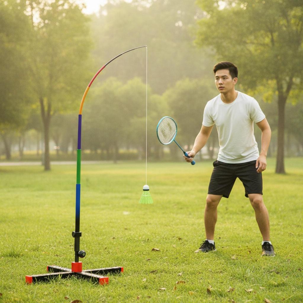 Solo Badminton Practice Device with Elastic Pole Portable for Outdoor, Beginners