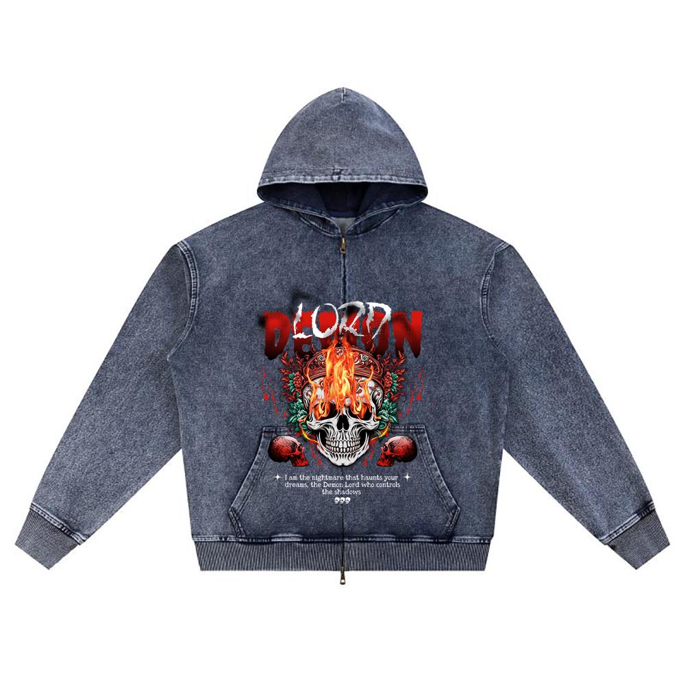 

DTG print Knitted Denim Zip-Up Hoodie Demon Lord Brother Print Zipper Hoodies XL темно-синий