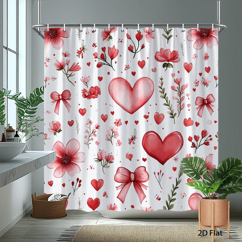 1Pc Heart-Shaped Bow Patterned Shower Curtain, Machine Washable Fabric, With Hooks, Suitable For Bathroom Decoration.