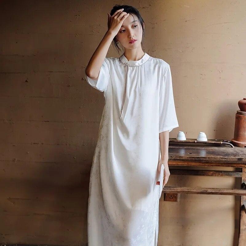 Johnature Women Vintage Stand Dresses Half Sleeve Jacquard Chinese Style Spring Summer A-Line Dress