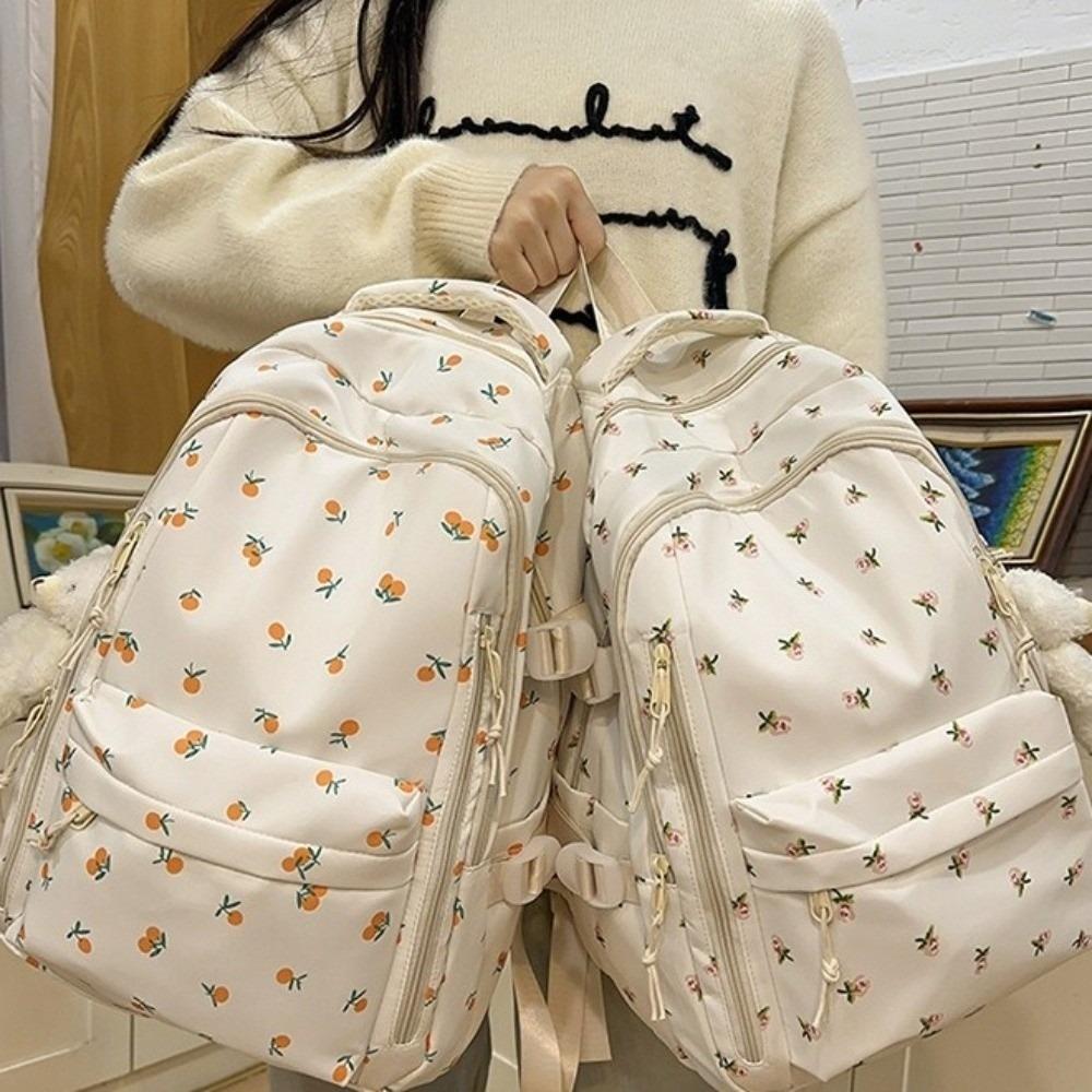 Multi-compartment Bow Pattern School Bag Multi-pocket Rucksack Floral Print Backpack Travel