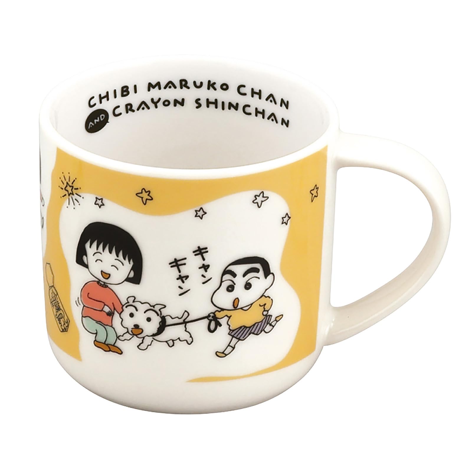 Chibi Maruko-chan and Crayon Shin-chan Collaboration Mug, Large 350ml, Walking Goods, Ceramic/Porcelain, Microwave Safe, Made in Japan, Yellow, CMCS12