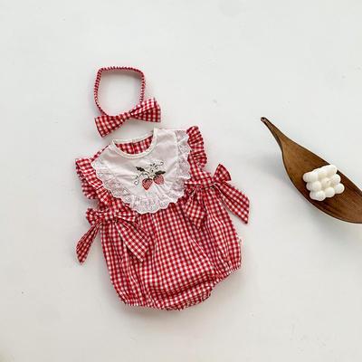 Completo Romper a Quadretti con Fragole e Fascia per Neonata
