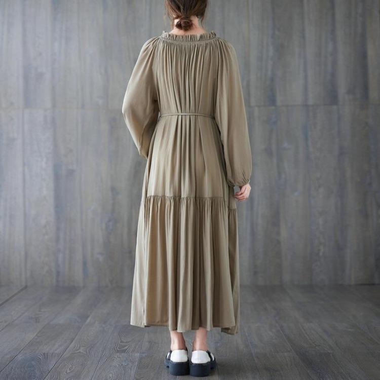 Loose Lace-up Women Dress with Ruffles Collar and Pockets Casual Spring Solid Color Pleated Female Dresses