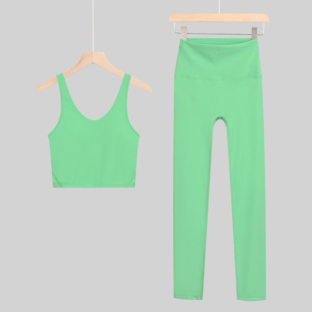 Lulu U-Back Sports Tank & 9-Point Yoga Pants Set with Bare-Feel Push-Up Bra for Women's Fitness