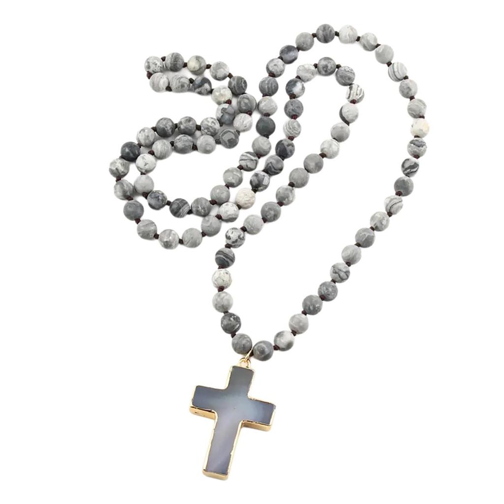 Ethnische Stil Schlüsselbein Kette 8mm Mattierter Natürlicher Stein Kruzifix Anhänger Halskette Verstellbare Länge Halskette für Damen