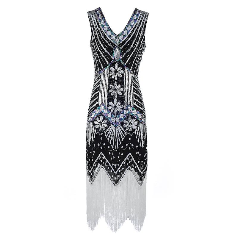Retro Sequined Beaded Dress Front and Rear Deep V-neck Fashionable Fringed Dress, Popular Evening Dress