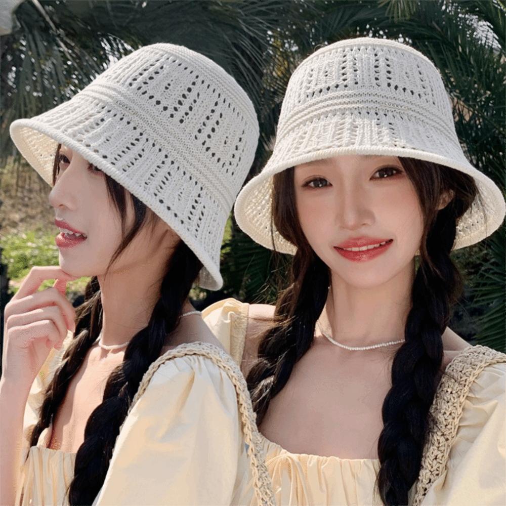 Wide Brim Fisherman Hat Knitted Bucket Hat Fashion Hollow Beach Cap  Summer