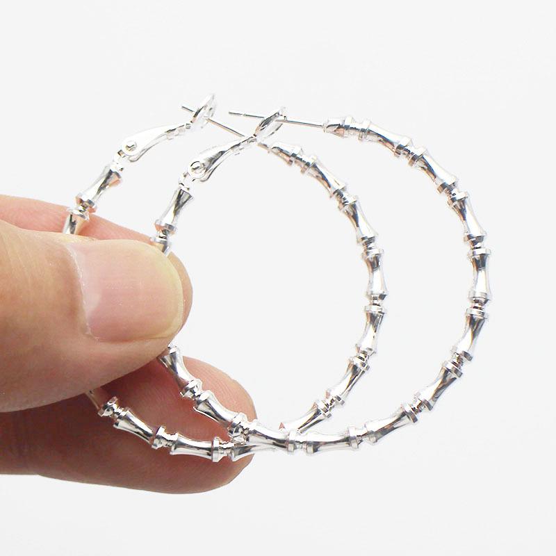 Silver-Plated Copper Bamboo Joint Large Round Hoop Earrings with Classic Face-Shaping Design and Plain Earring Backs.