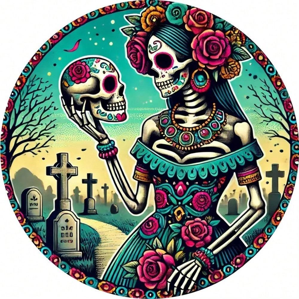 Sugar Skull Metal Wall Decor Round Sign Easy Hang Art Home Kitchen Garden Bedroom