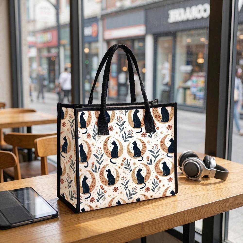 Boho Black Cat Moon Print Canvas Tote Bag Casual Daily Carry Shoulder Bag for Women Reusable Shopping Handbag