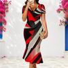 Women Plus Size V Neck Short Sleeve Blue Orange Printed Fitted Fishtail Dress