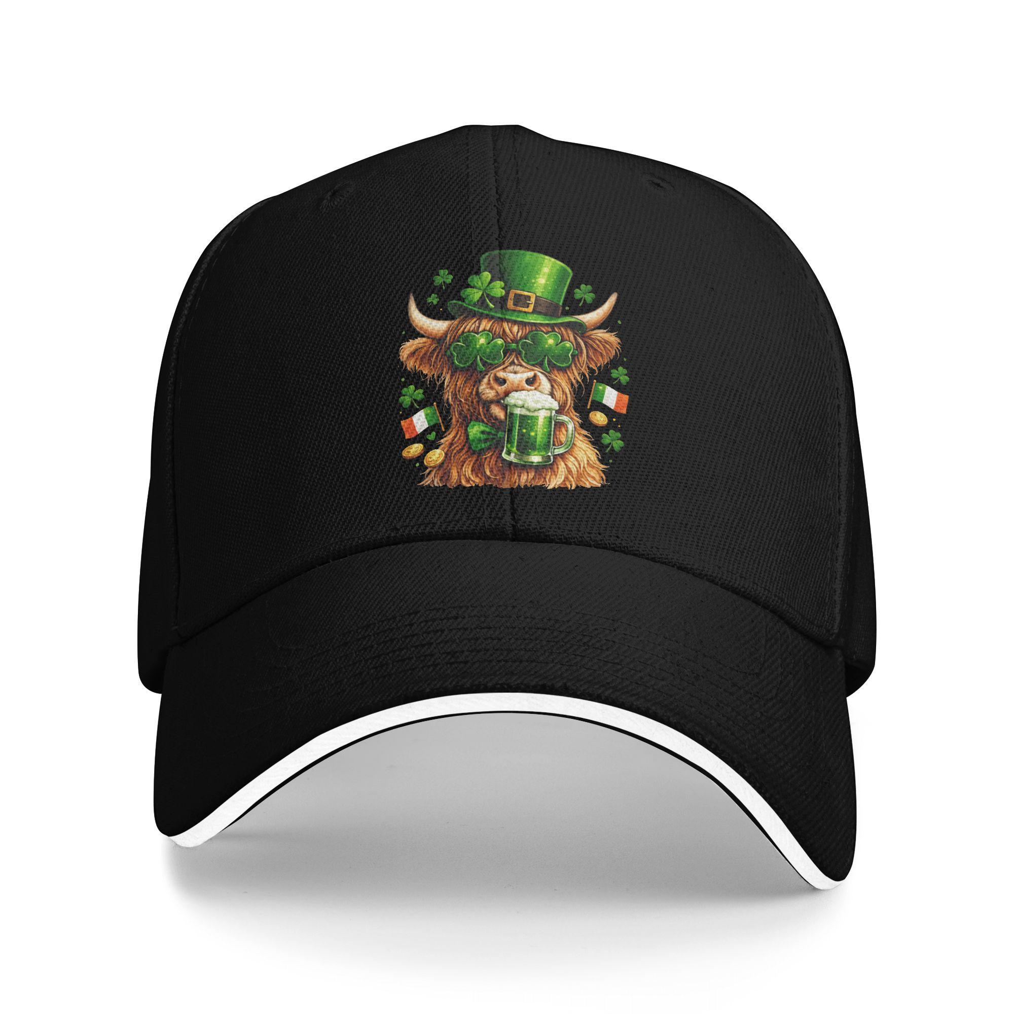 

St Patricks Day Cow Baseball Cap Outdoor Sports Breathable Hip Hop Hats Unisex-Teens Fitted Retro Print Baseball Caps One Size чёрный