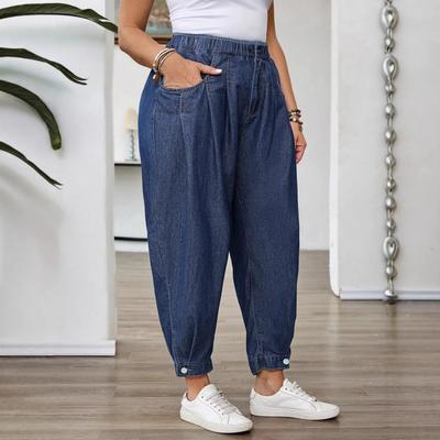 Plus Size Retro Washed Blue Elastic Waist Tapered Denim Lantern Pants