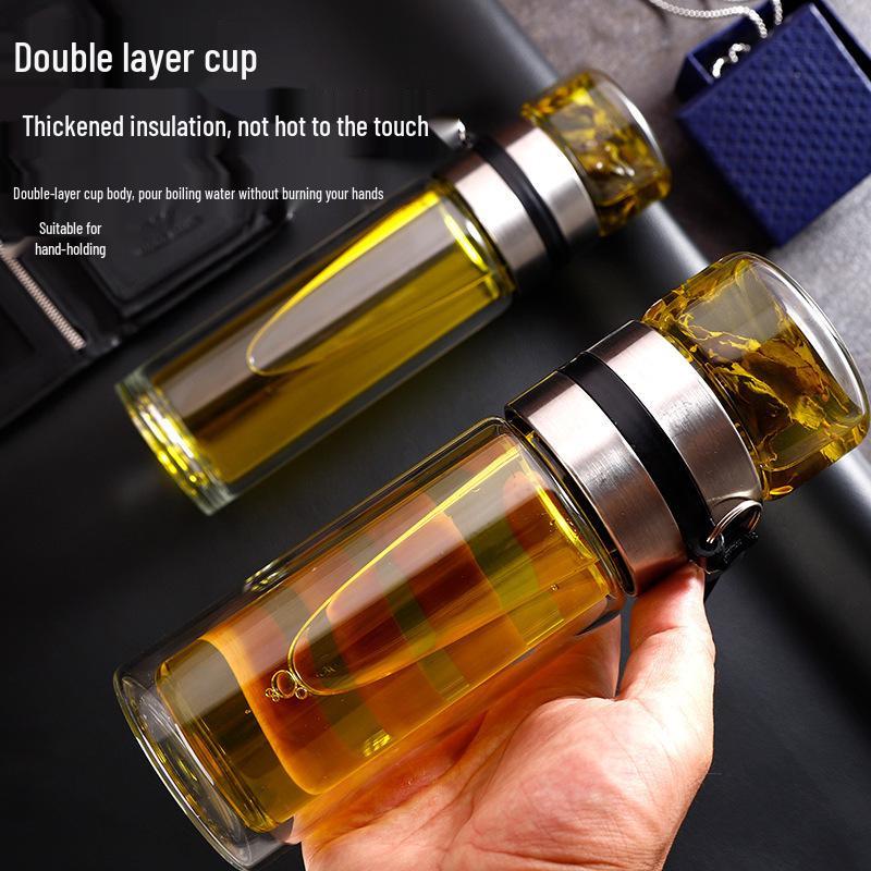 Men's Double-Walled Glass Tea Cup - Transparent, Insulated, Portable Business Gift
