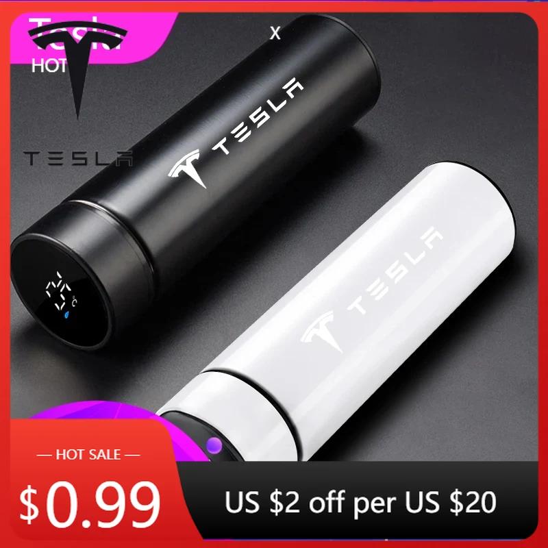 Car Sticker 2025 New Tesla Car 500ml Stainless Steel Thermo Bottle Thermal Cup Temperature Display Vacuum Flasks For Tesla Model bianco