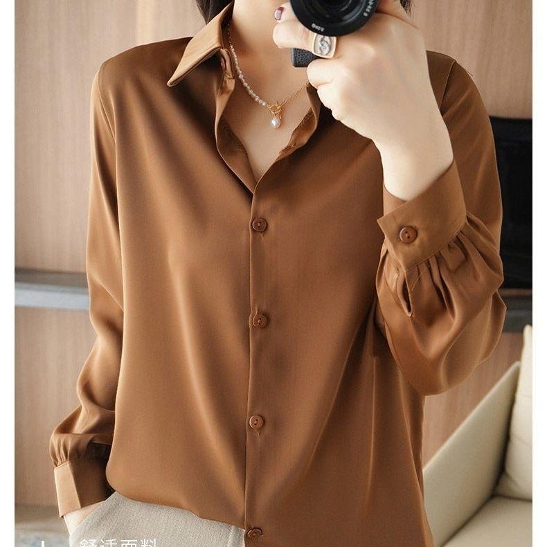 

Роскошная шелковая блузка с длинными рукавами для женщин, топ для многослойного ношения или наряда XXL кофейный