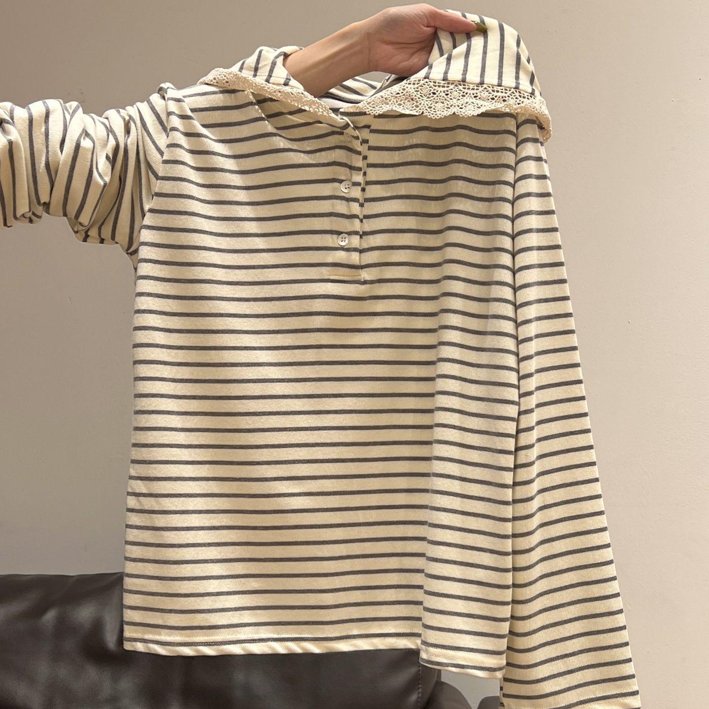 

Korean Lace Trim Striped Hoodie T-shirt for Women - Spring/Autumn, Casual Loose Fit Top Extra Small абрикосовий