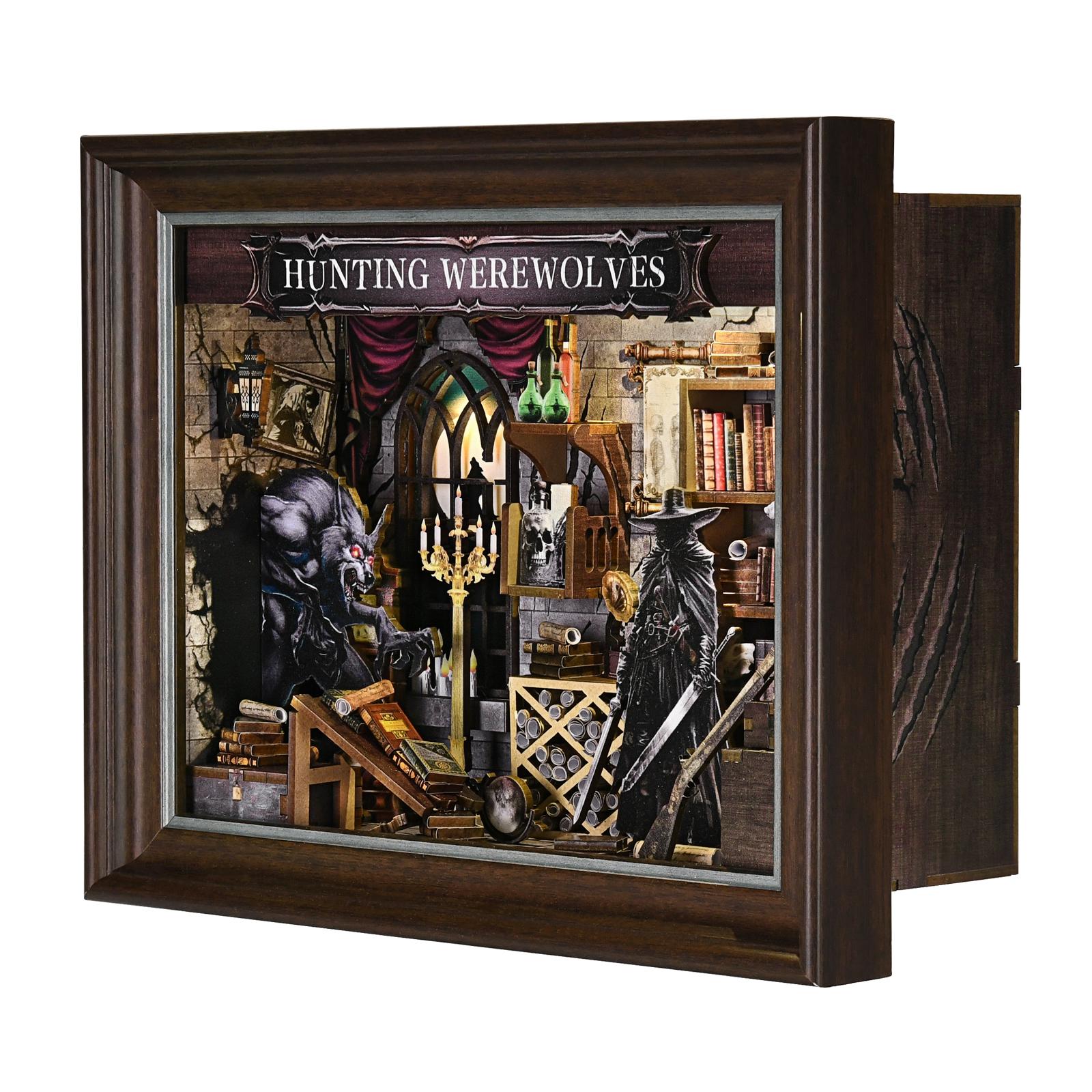 DIY Book Nook Kit Werewolf Photo Miniature Wooden Dollhouse with Light Bookshelf Insert 3D Puzzle Decor for Gift Owl Bookstore