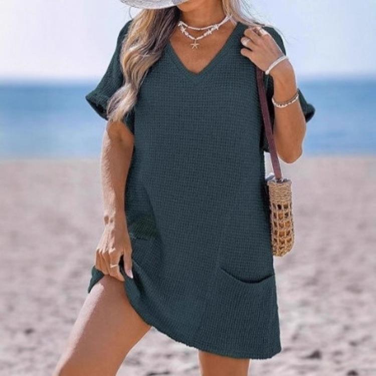 Women V Neck Short Sleeve Waffle Knit Dress Casual Loose Pocket Mini Sundress Solid Color Summer Beach Dress