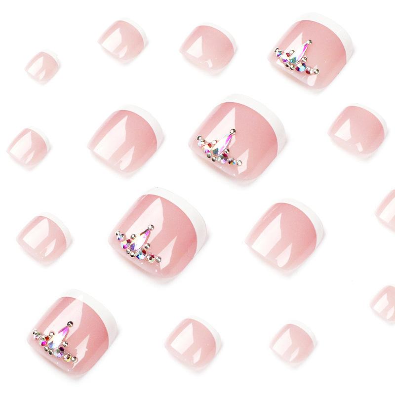 Wearable Manicure Simple French Nail Piece White Edge Rhinestone Fake Nail Finished Nail Sticker Removable Nail Piece