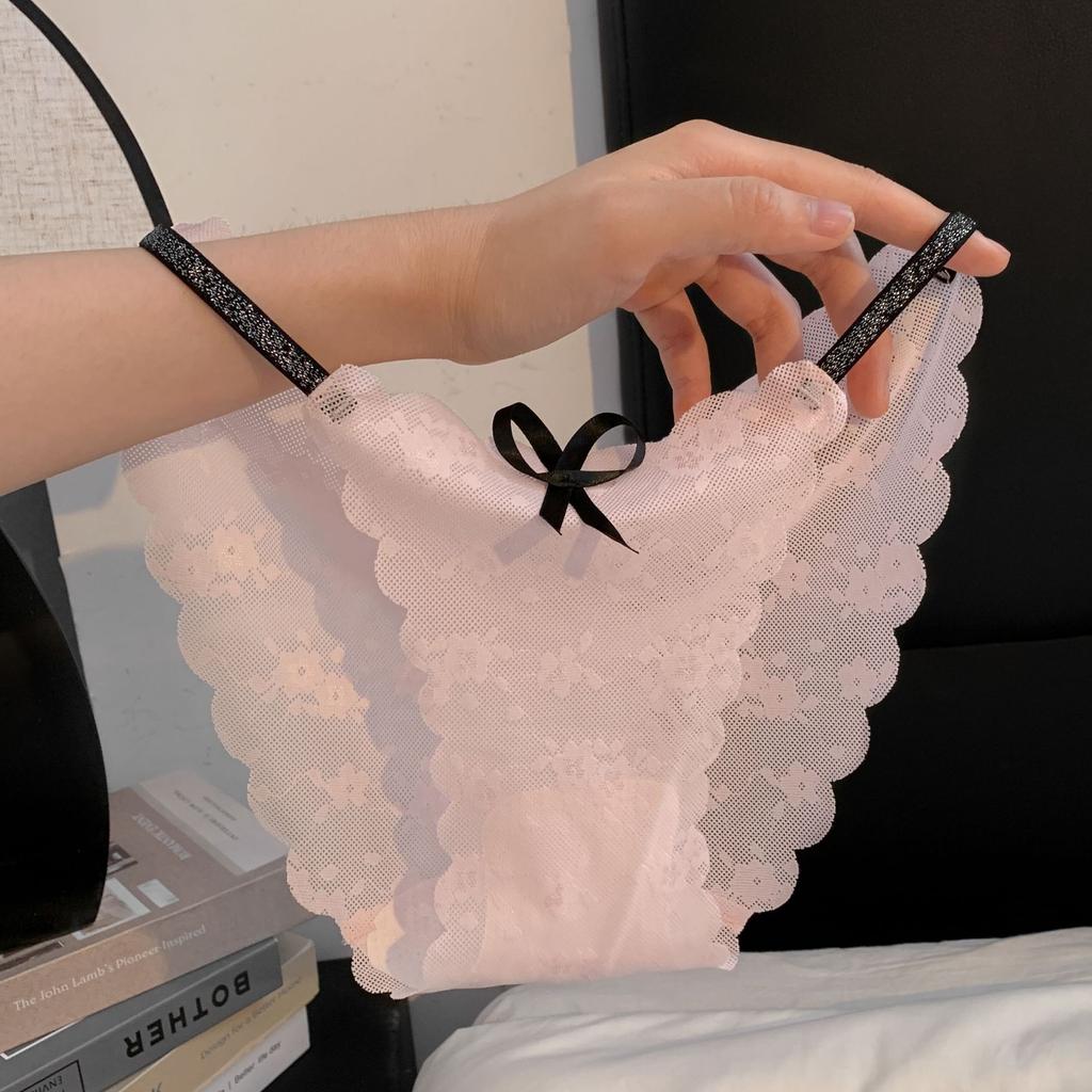 Ladies Summer Thin Lace Sexy Bow Thin Belt Low Waist Seamless Breathable Triangle Briefs