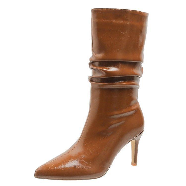 European Station Thin Heel Pointed Women's Medium Boots Autumn and Winter New Fashion Sleeve Pile Pile Women's Boots