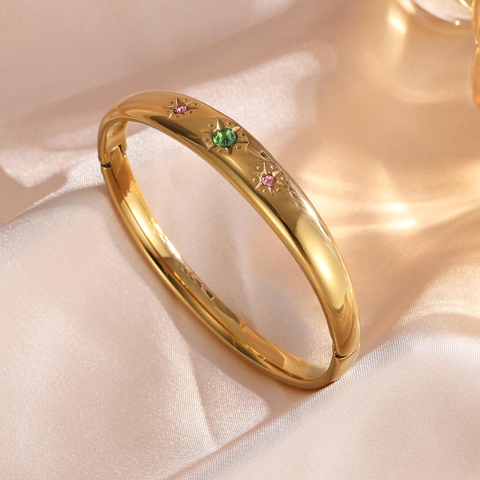 ZAKOL Lusso Acciaio Inossidabile Colore Oro 18K Bracciali Aperti Zirconi Colorati Intarsiati Affascinante Impermeabile Regalo Donna con Zirconi